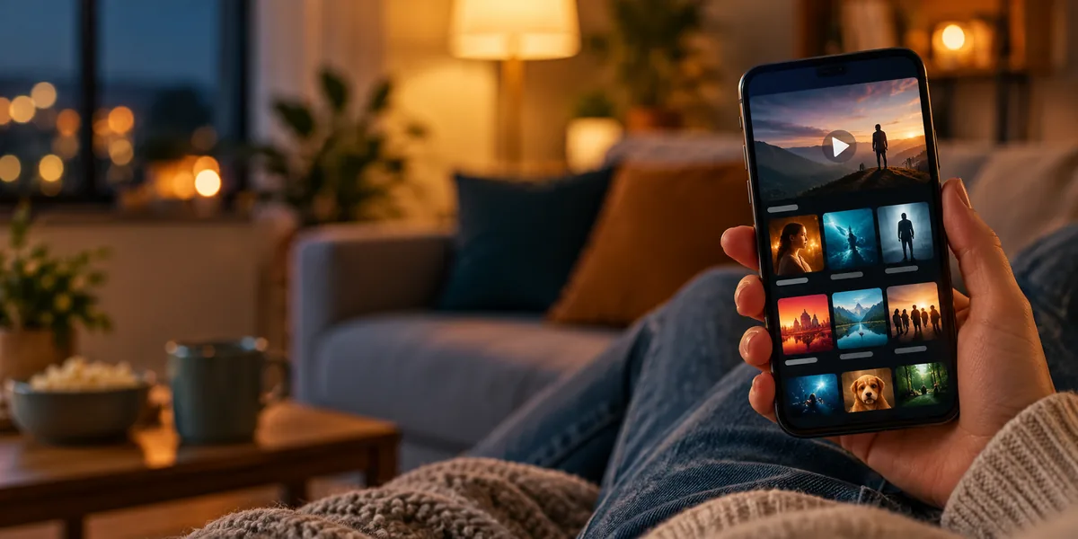 Pessoa segurando um celular com tela genérica de filmes e séries em uma sala aconchegante