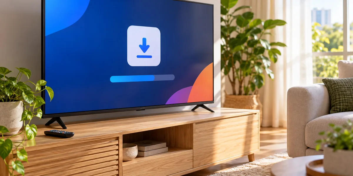 Smart TV em sala iluminada exibindo uma tela abstrata de instalação de aplicativo