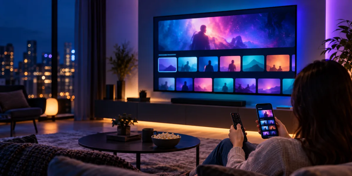 Pessoa usando celular e controle remoto diante de uma Smart TV com catálogo visual de filmes e séries