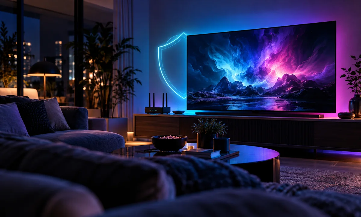 Smart TV conectada protegida por um escudo digital em uma sala de estar